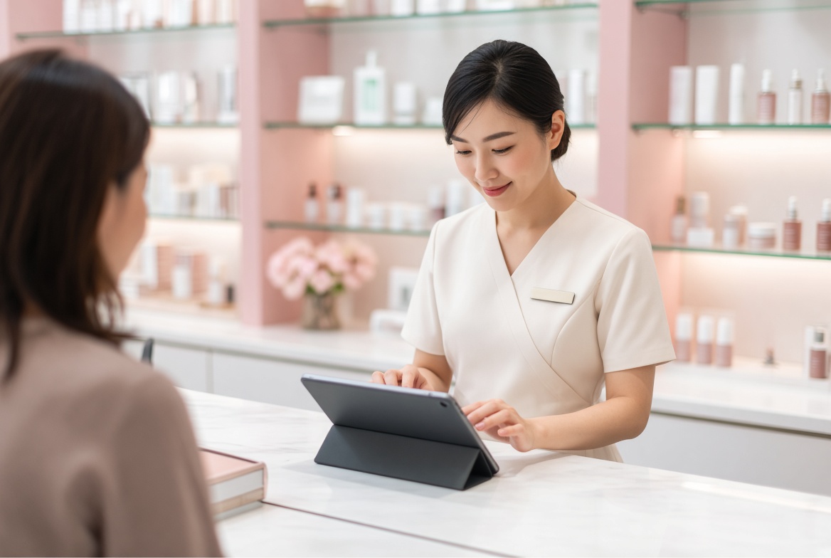 Beauty retail consultant using Counterlit on a tablet at the skincare counter