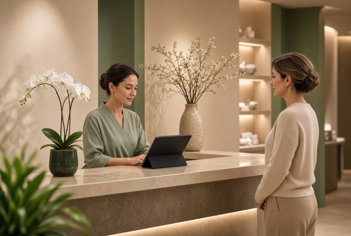 Spa receptionist using Counterlit on a tablet at the wellness front desk